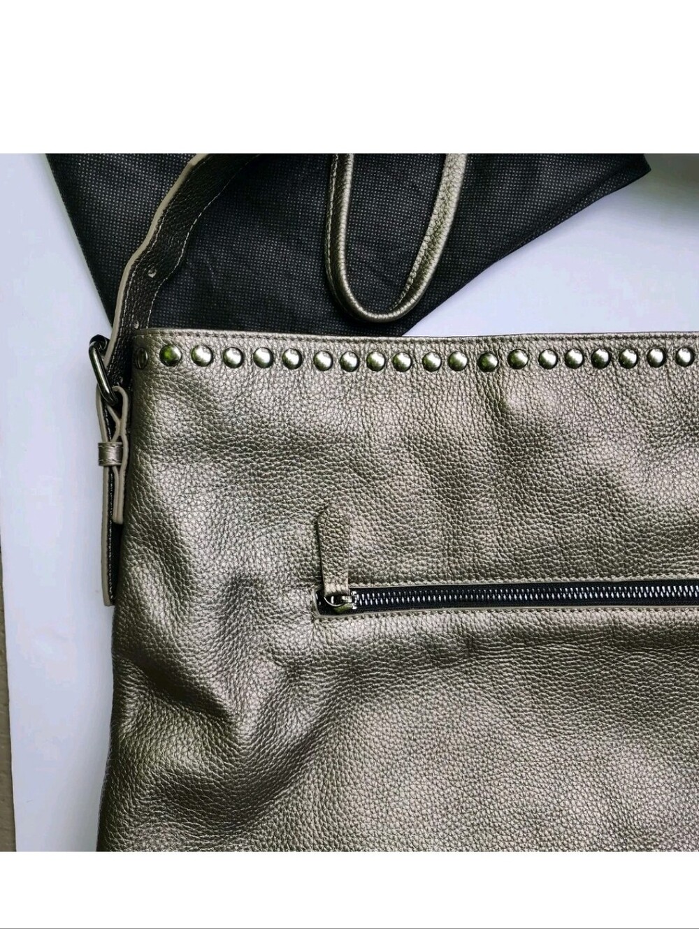 LAGGO Reed Purse Shoulder Bag Metallic Silver Pebbled Leather Studded Tote Hobo - Picture 3 of 8